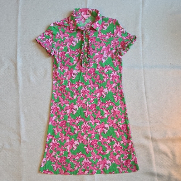 Lilly Pulitzer Pink and Green Butterfly Floral Polo Dress with Ruffles sz Small - Picture 2 of 7